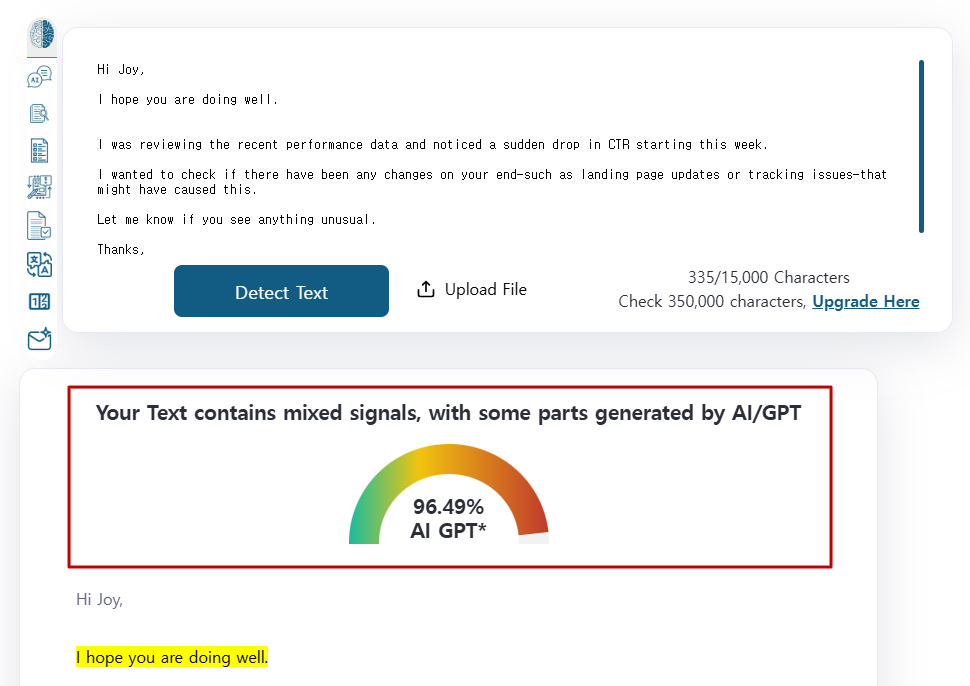 ChatGPT 원본 문장의 높은 AI탐지율 결과