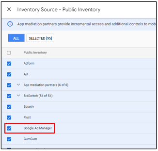 DV360 인벤토리 소스에서 Google Ad Manager가 선택된 화면