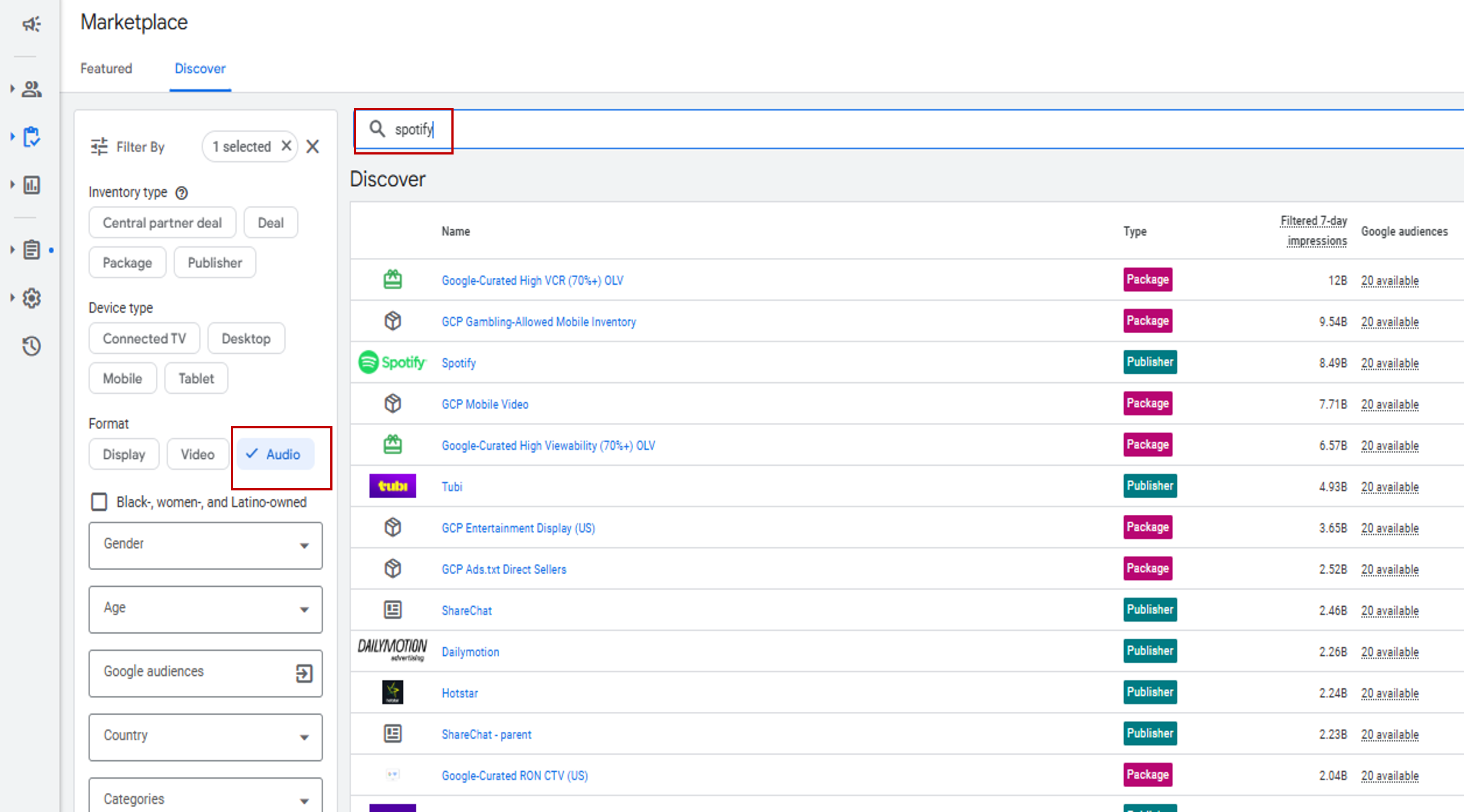 DV360 Marketplace에서 Audio 포맷을 선택하고 Spotify를 검색하는 화면
