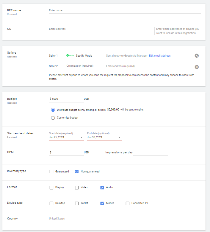 RFP 양식에서 CC, Budget, Start and End dates, Inventory type (Non-guaranteed 선택), Format (Audio 선택) 등 필수 정보 기입 화면
