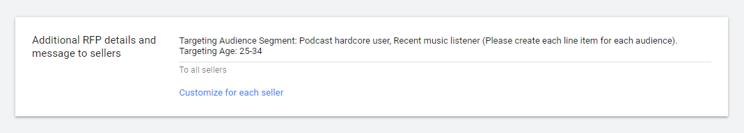 Additional RFP details 영역에 오디언스 타겟팅 정보가 기입된 화면