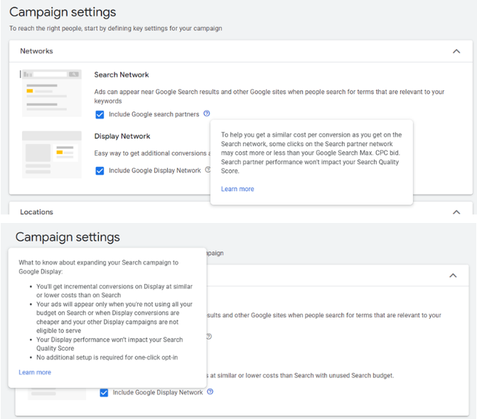 구글 애즈 검색 캠페인 설정 중 디스플레이 네트워크 포함 옵션 활성화 화면